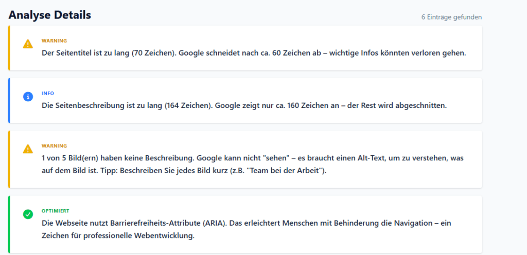 Ausschnitt aus SEO-Report zu Metzler-Webseiten.de Landingpage. 