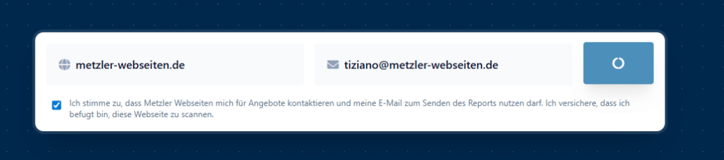 Screenshot aus metzler-webseiten.de kostenloser SEO-Checker mit Daten vorausgefüllt.